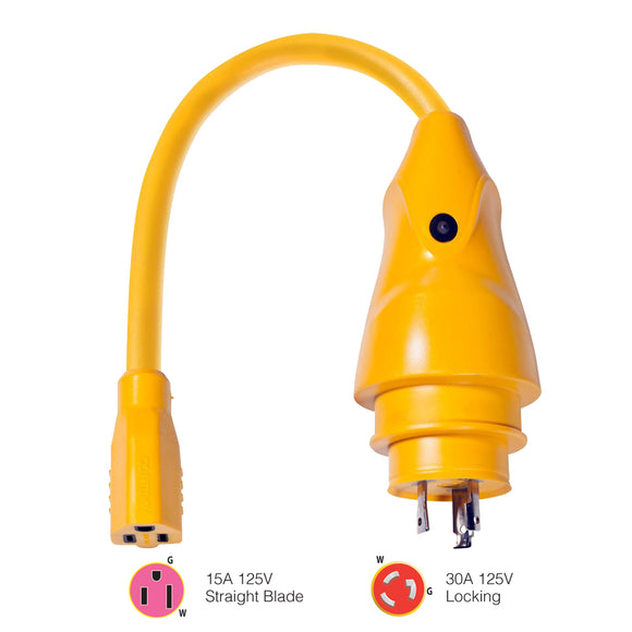 Marinco P30-15 EEL 15A-125V Female to 30A-125V Male Pigtail Adapter - Yellow [P30-15] - Point Supplies Inc.