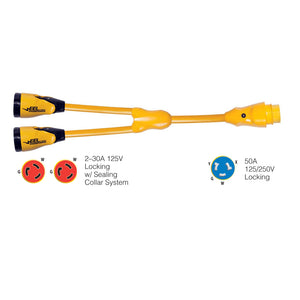 Marinco Y504-2-30 EEL (2)-30A-125V Female to (1)50A-125/250V Male "Y" Adapter - Yellow [Y504-2-30] - Point Supplies Inc.