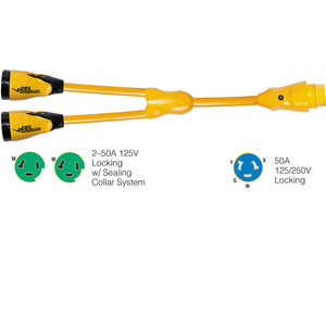 Marinco Y504-2-503 EEL (2)50A-125V Female to (1)50A-125/250V Male "Y" Adapter - Yellow [Y504-2-503] - Point Supplies Inc.