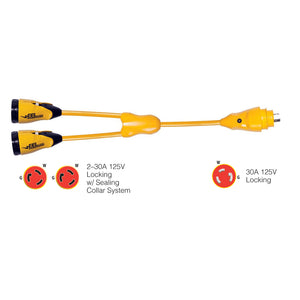 Marinco Y30-2-30 EEL (2)30A-125V Female to (1)30A-125V Male "Y" Adapter - Yellow [Y30-2-30] - Point Supplies Inc.