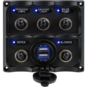 Sea-Dog Water Resistant Toggle Switch Panel w/USB Power Socket - 5 Toggle [424617-1] - Point Supplies Inc.