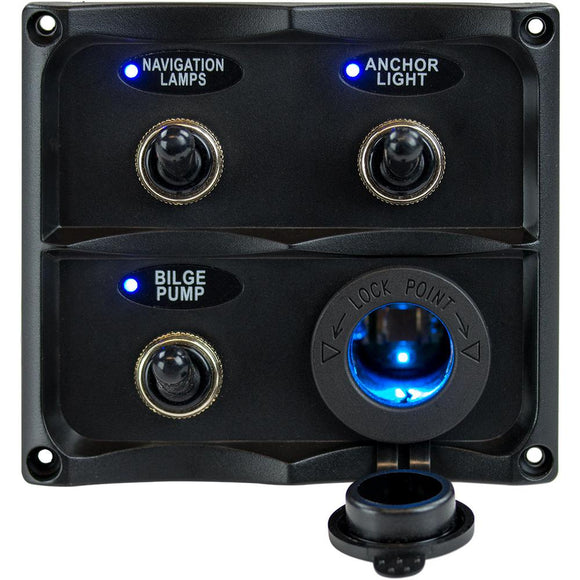 Sea-Dog Water Resistant Toggle Switch Panel w/LED Power Socket - 3 Toggle [424623-1] - Point Supplies Inc.