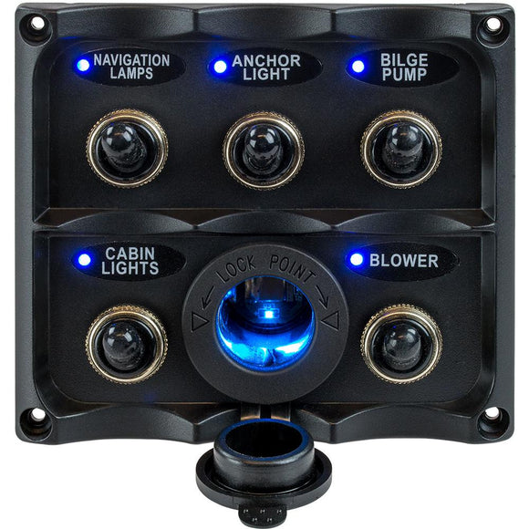 Sea-Dog Water Resistant Toggle Switch Panel w/LED Power Socket - 5 Toggle [424627-1] - Point Supplies Inc.