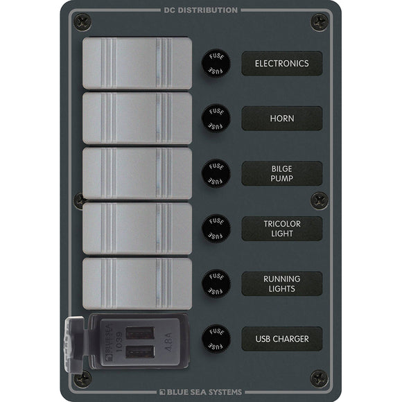 Blue Sea 8121 - 5 Position Contura Switch Panel w/Dual USB Chargers - 12/24V DC - Black [8121]