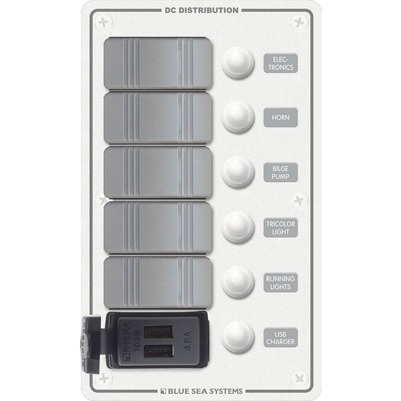Blue Sea 8421 - 5 Position Contura Switch Panel w/Dual USB Chargers - 12/24V DC - White [8421]